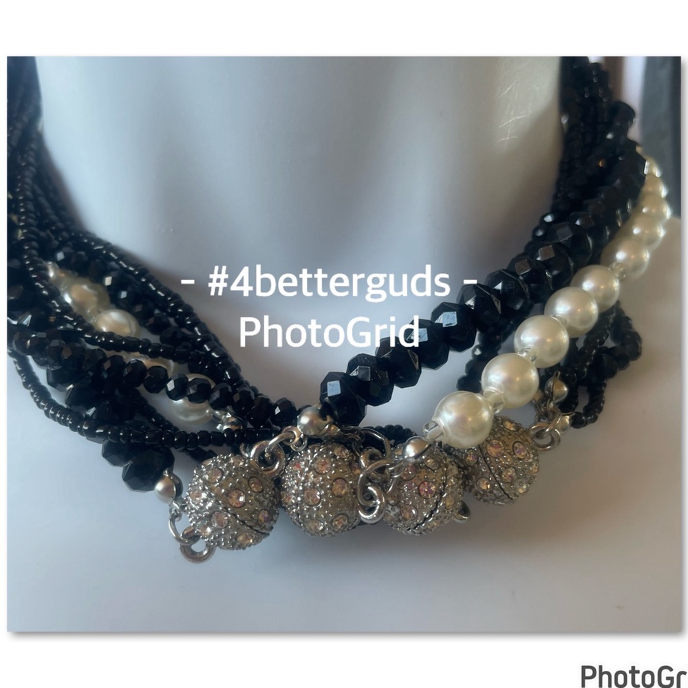 Bundle Set 4 Homemade Black Crystals & Pearl Rhinestone Magnetic Clasp Necklaces - Picture 4 of 15